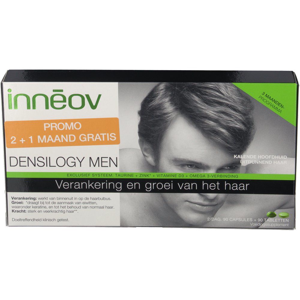 Emballage du produit avec texte: innéov, DENSILOGY MEN, Promo 2+1 mois gratuits. Image d'un homme. Accents verts et noirs.