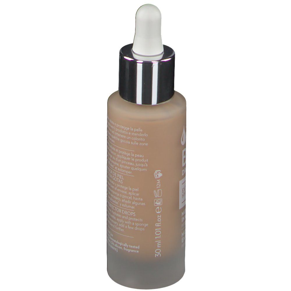 Vue latérale du flacon avec compte-gouttes. Texte multilingue, informations sur le contenu, 30 ml.