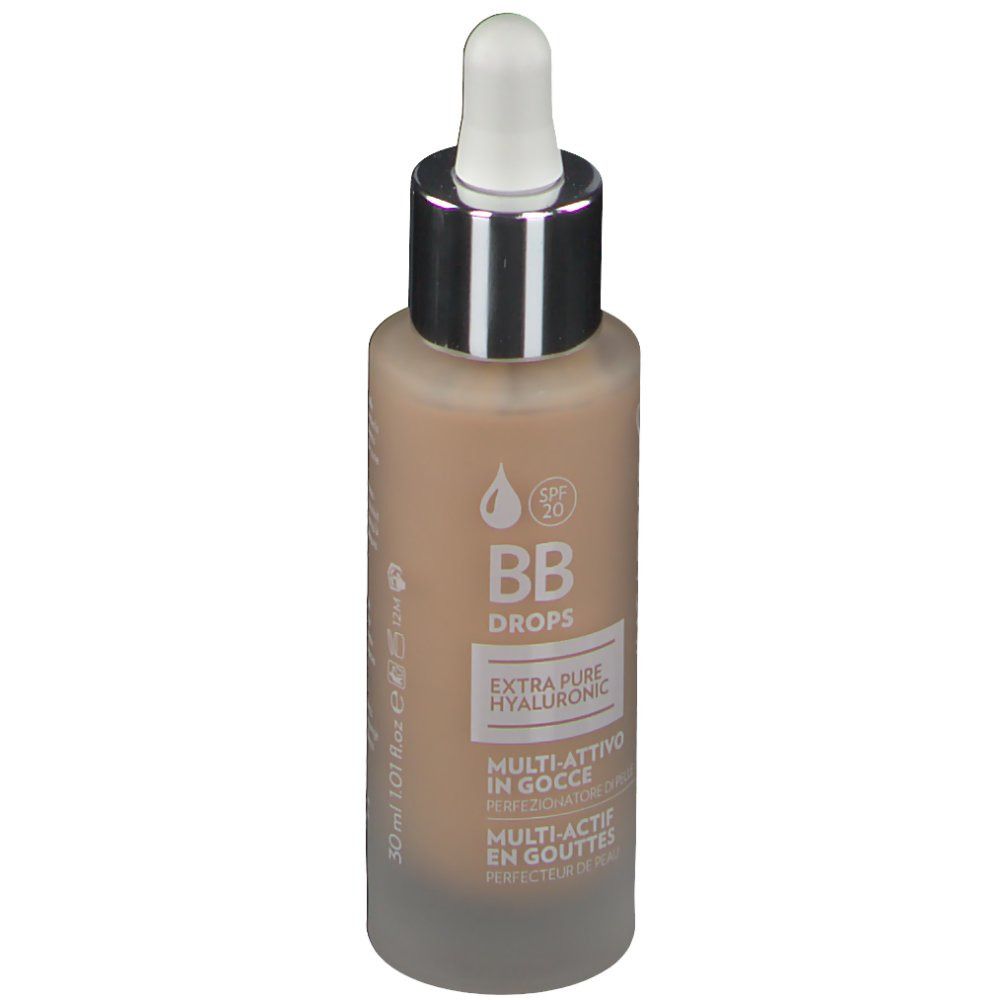 Flacon avec compte-gouttes. Inscription: BB Drops, Extra Pure Hyaluronic, Multi-Actif en gouttes. Avec SPF 20.