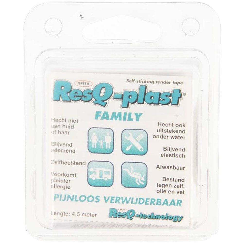 Emballage de ResQ-plast Familia. Inscriptions : 'Hecht niet aan huid', 'Blijvend ademend', 'Zelfhechtend', 'Voorkomt pleister allergie'.