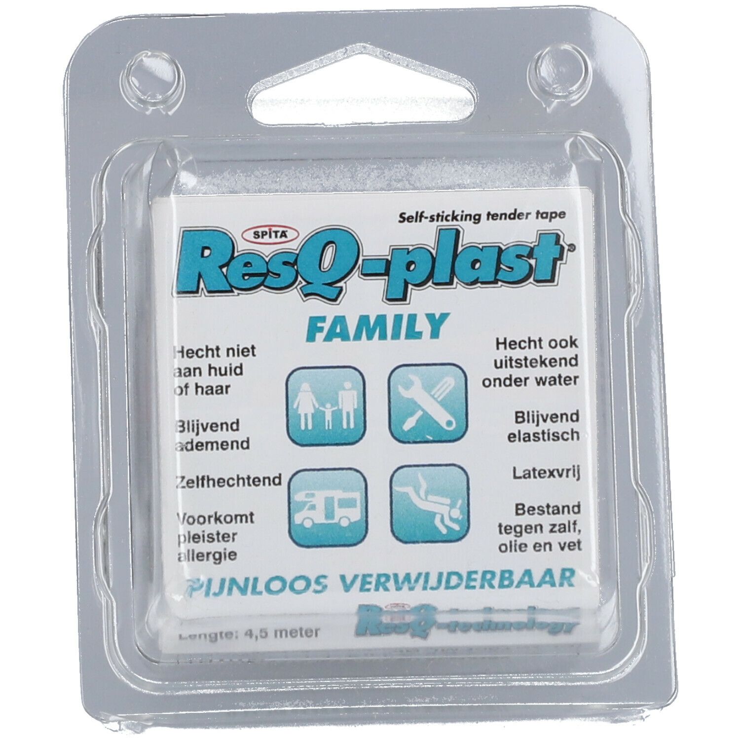Verpakking ResQ-plast Familia. Vierkante vorm, witte opdruk, iconen, tekst. Blisterverpakking.