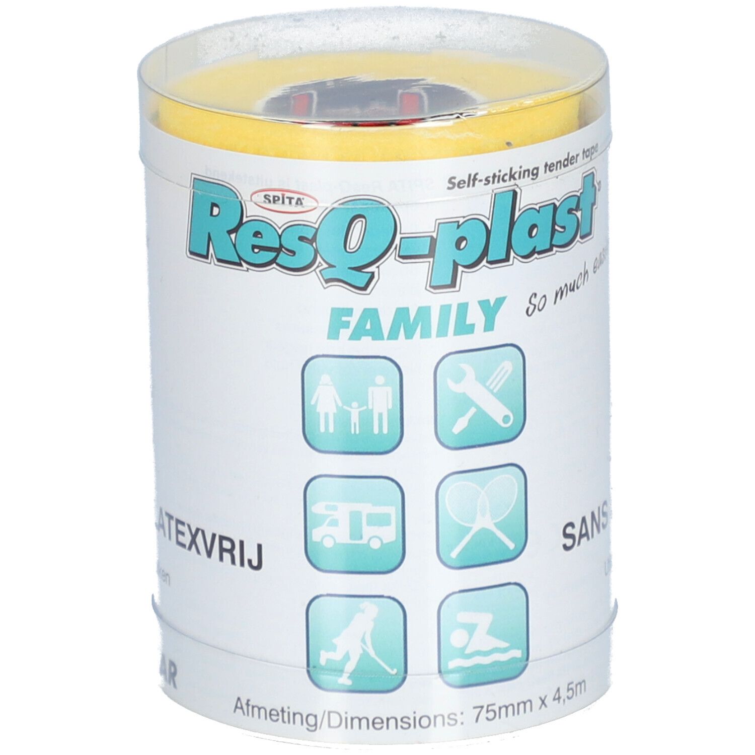 Zylindrische Verpackung mit gelbem Verband. Aufschrift: ResQ-plast Familie. Abmessungen: 75mm x 4,5m. Mit Piktogrammen.
