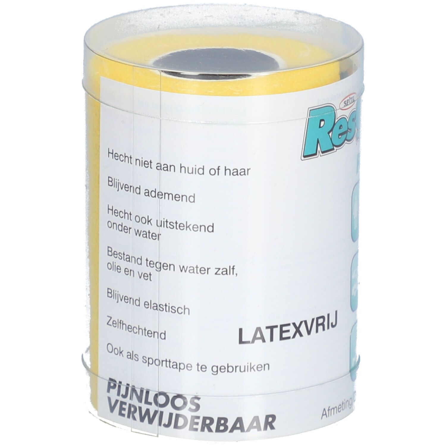 Zylindrische Verpackung mit gelbem Verband. Text: ResQ-plast. Eigenschaften: atmungsaktiv, wasserfest, elastisch. Latexfrei.