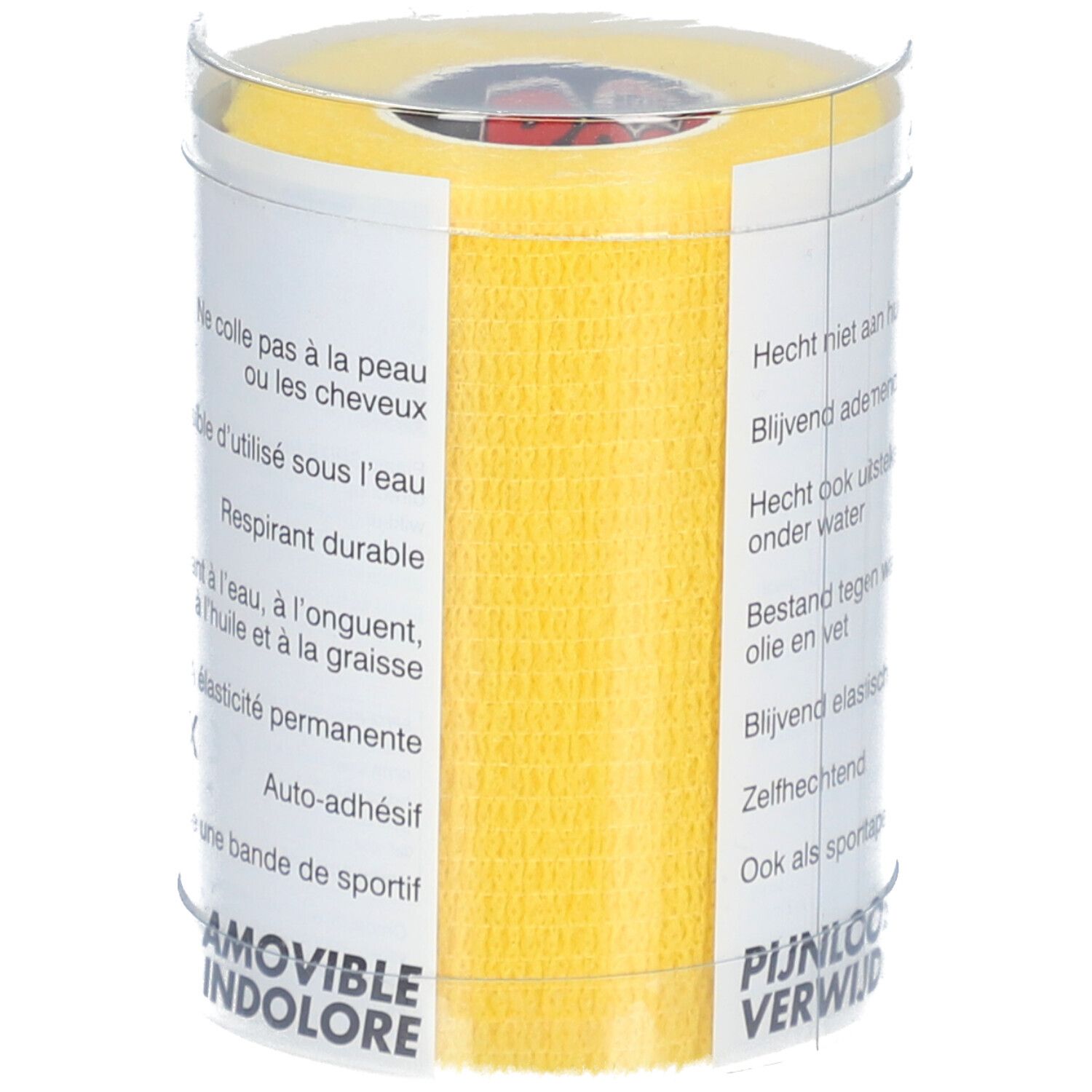 Gelber Verband in zylindrischer Verpackung. Text: ResQ-plast. Eigenschaften: wasserfest, elastisch, selbsthaftend. Latexfrei.
