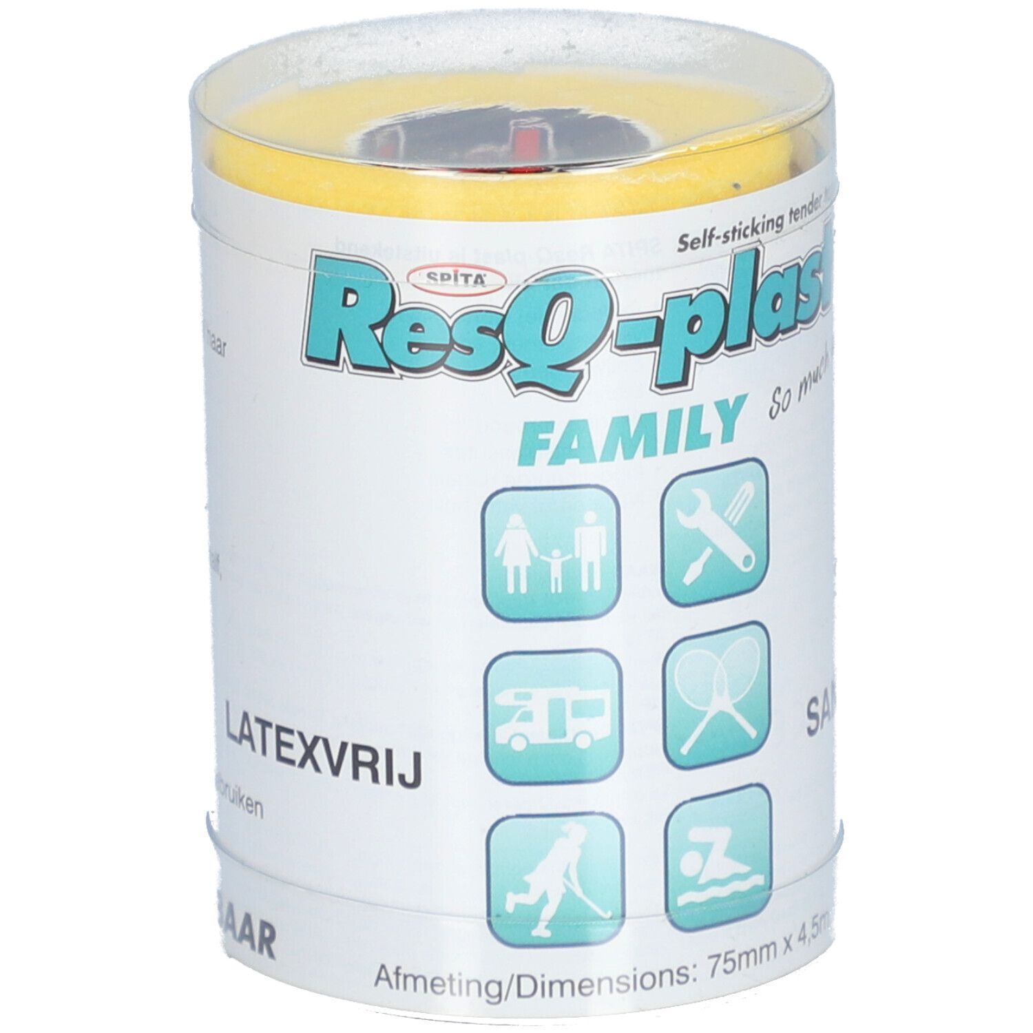 Zylindrische Verpackung mit gelbem Verband. Aufschrift: ResQ-plast Familie. Abmessungen: 75mm x 4,5m. Mit Piktogrammen.
