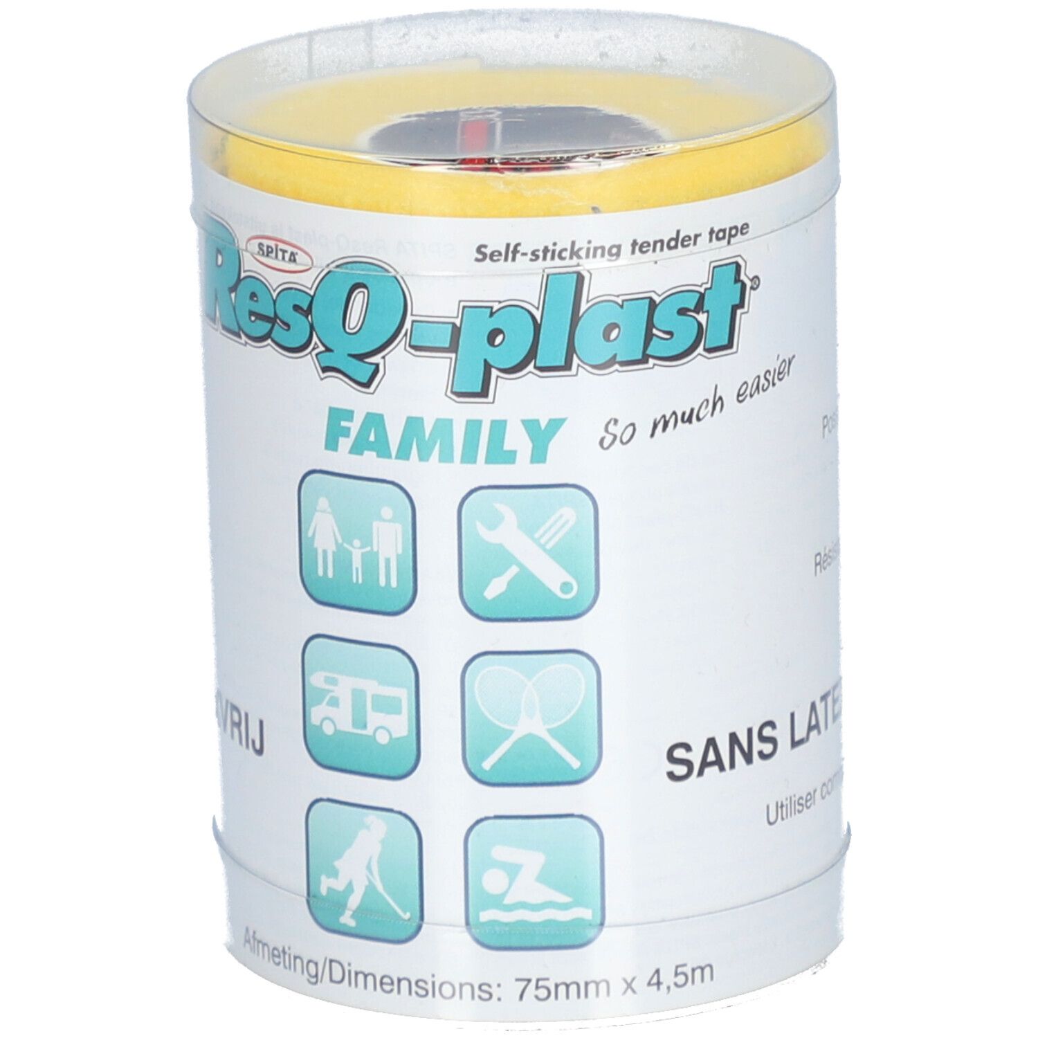 Zylindrische Verpackung mit gelbem Verband. Aufschrift: ResQ-plast Familie. Abmessungen: 75mm x 4,5m. Mit Piktogrammen.