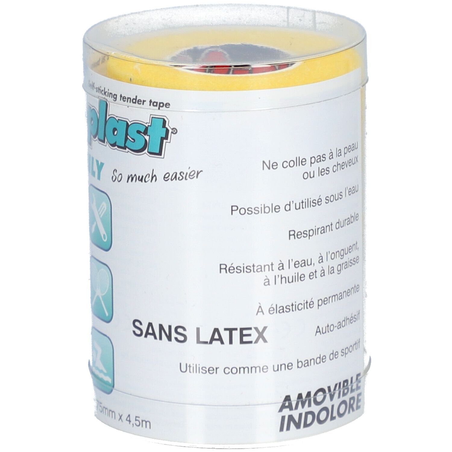Zylindrische Verpackung mit gelbem Verband. Text: ResQ-plast. Eigenschaften: wasserfest, elastisch, selbsthaftend. Latexfrei.