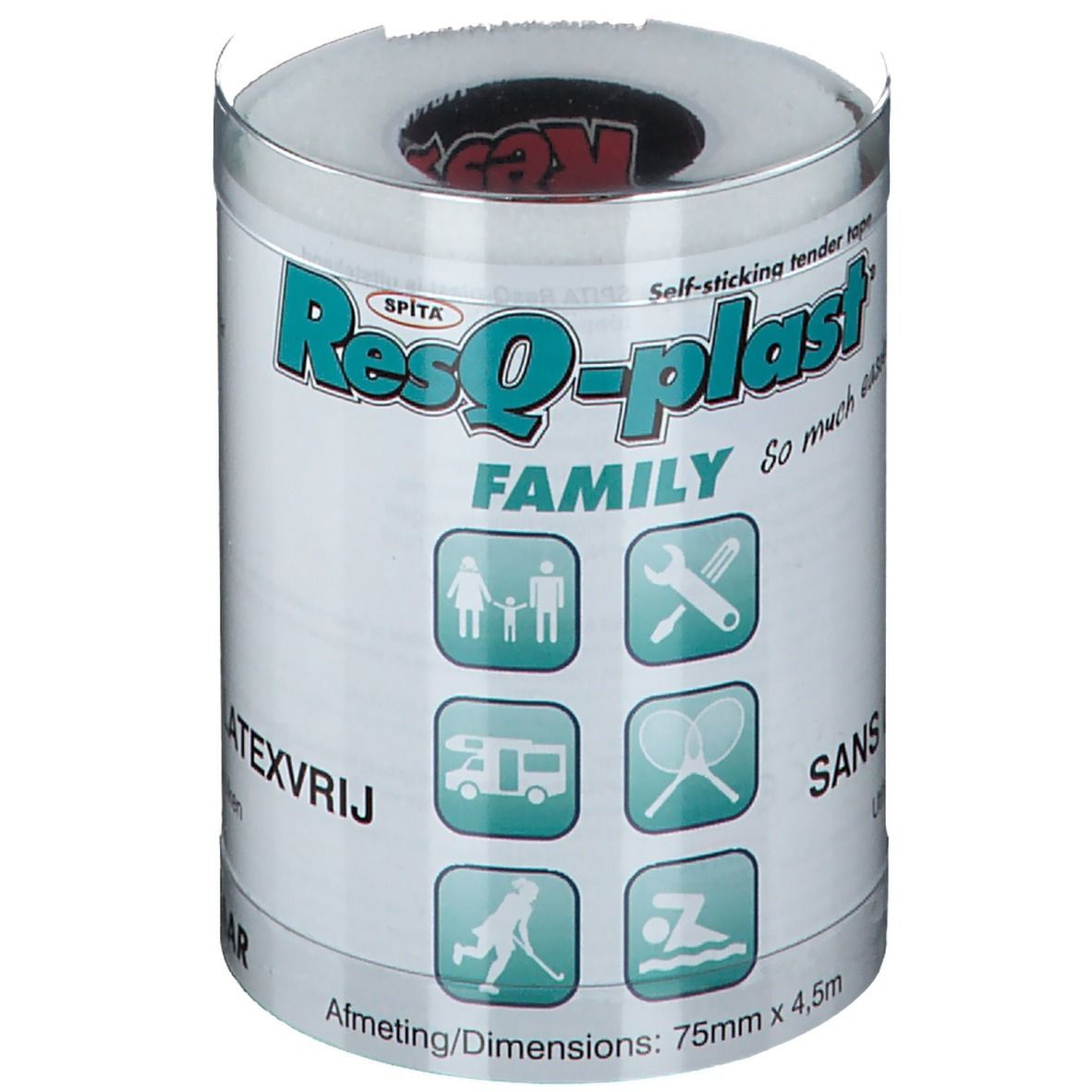 Rol ResQ-plast Familia Blanco. Witte, zelfklevende bandage in cilindrische verpakking. Bedrukt met pictogrammen en afmetingen.
