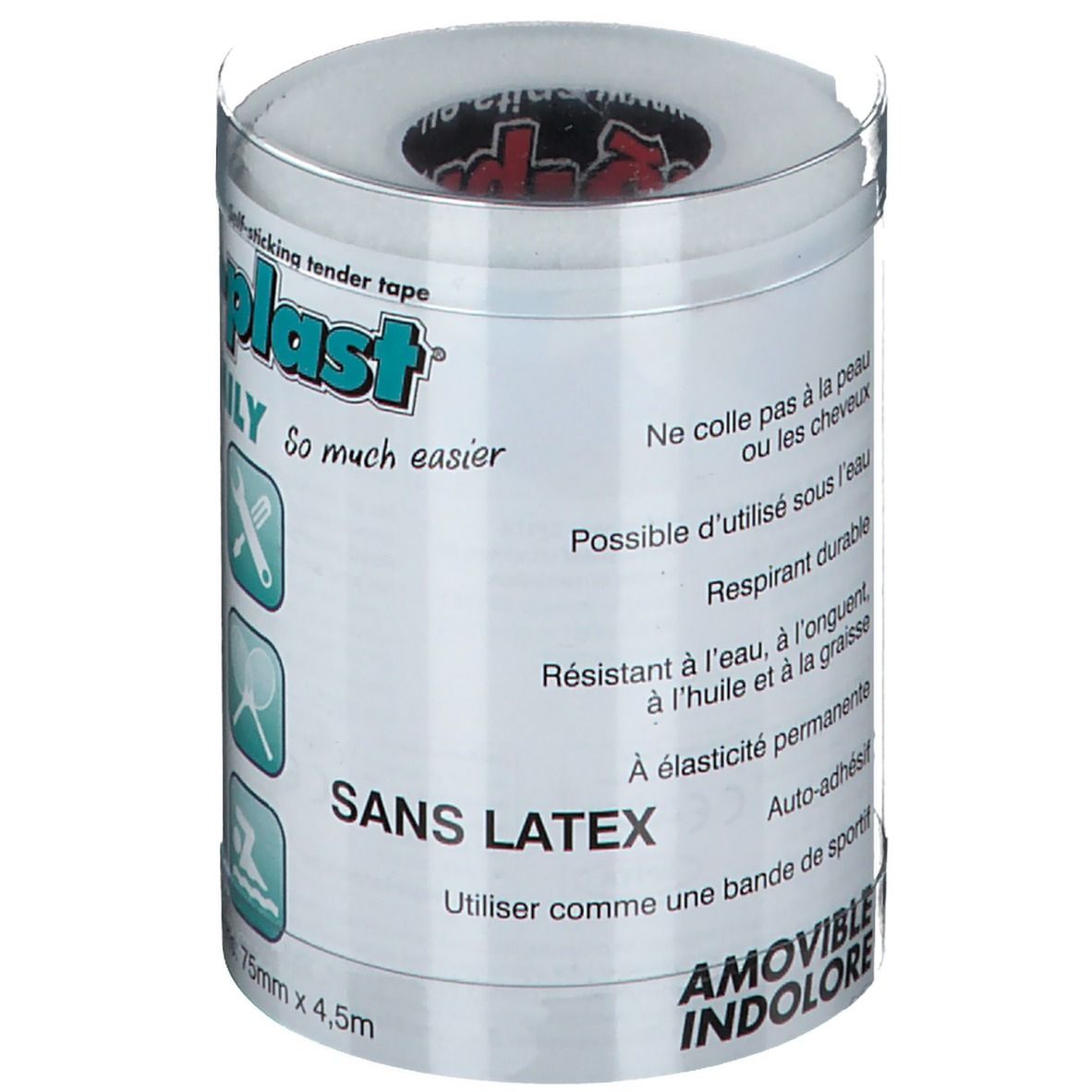 ResQ-plast Familia Blanco. Witte, zelfklevende bandage in cilindrische verpakking. Tekst: Sans Latex, Amovible Indolore. Afmetingen.