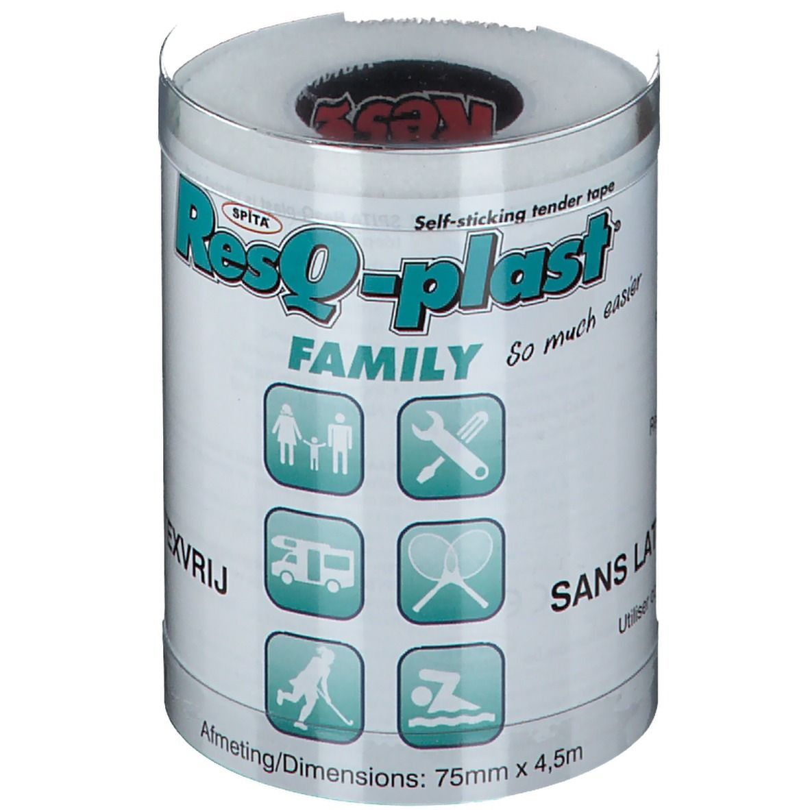 ResQ-plast Familia Blanco. Witte, zelfklevende bandage in cilindrische verpakking. Bedrukt met pictogrammen en afmetingen.