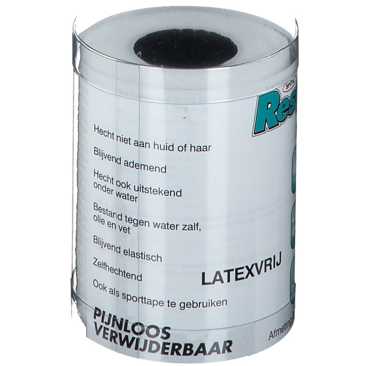 ResQ-plast Familia Blanco. Witte, zelfklevende bandage in cilindrische verpakking. Tekst: Latexvrij, Pijnloos Verwijderbaar.