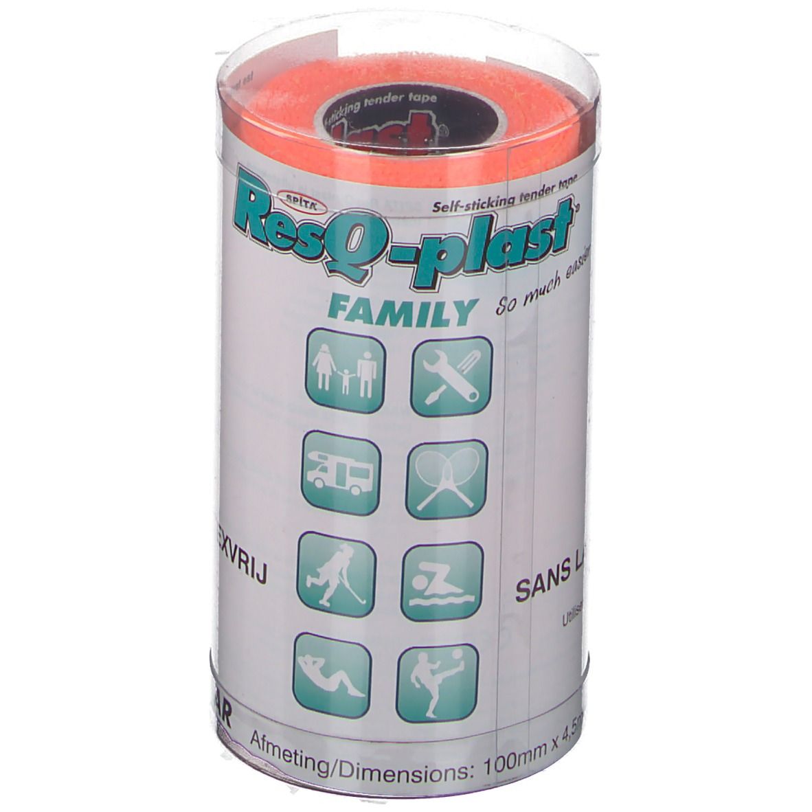 Rol oranje ResQ-plast Familia tape in cilindrische verpakking. Met pictogrammen en tekst.