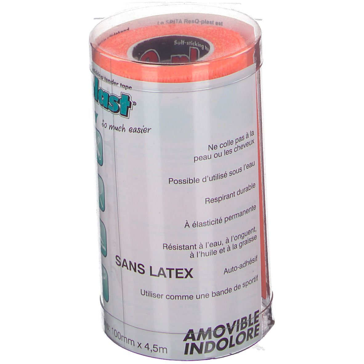 Oranje ResQ-plast tape in cilindrische verpakking. Tekst: Zonder latex, verwijderbaar, pijnloos.