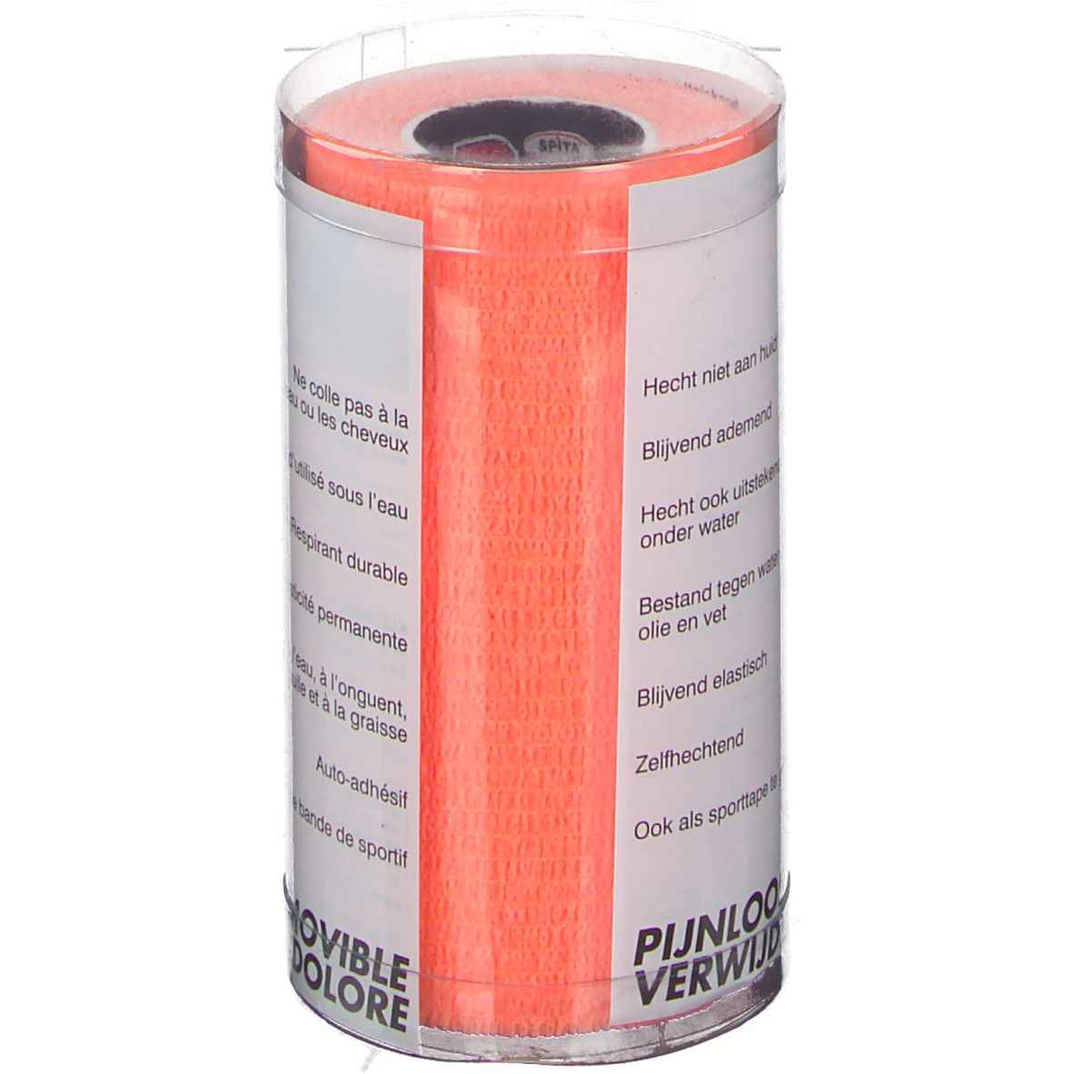 Oranje ResQ-plast tape in cilindrische verpakking. Zichtbaar: tekst en eigenschappen.
