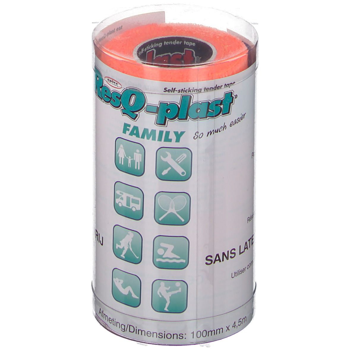 Rol oranje ResQ-plast Familia tape in cilindrische verpakking. Met pictogrammen en tekst.