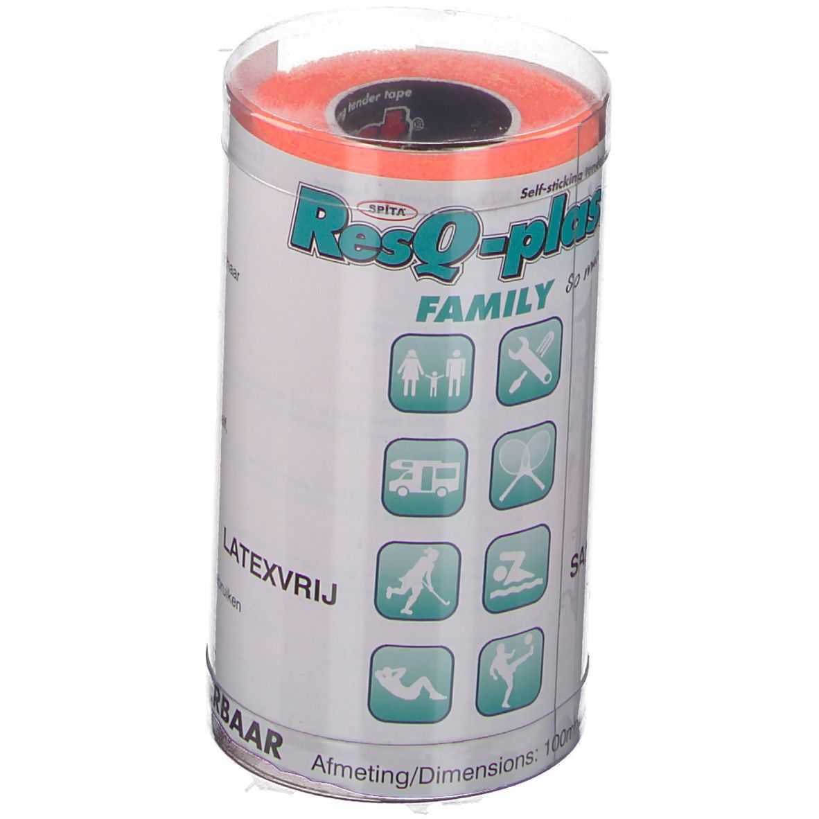 Rol oranje ResQ-plast Familia tape in cilindrische verpakking. Met pictogrammen en tekst.