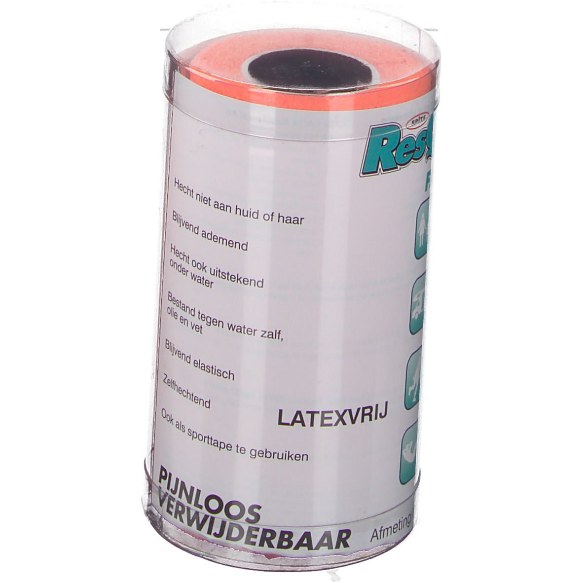 Oranje ResQ-plast tape in cilindrische verpakking. Zichtbaar: tekst en eigenschappen.