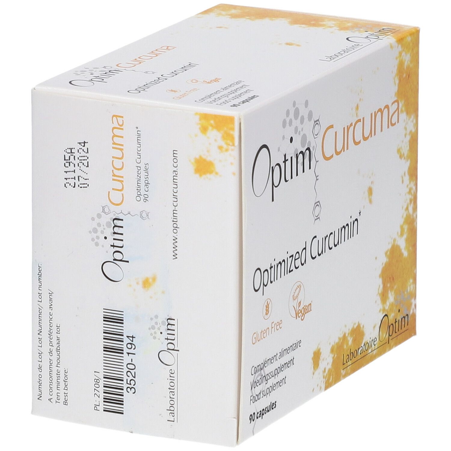 Boîte "Optim Curcuma" avec informations produit. Contient 90 gélules. Sans gluten et végétalien.