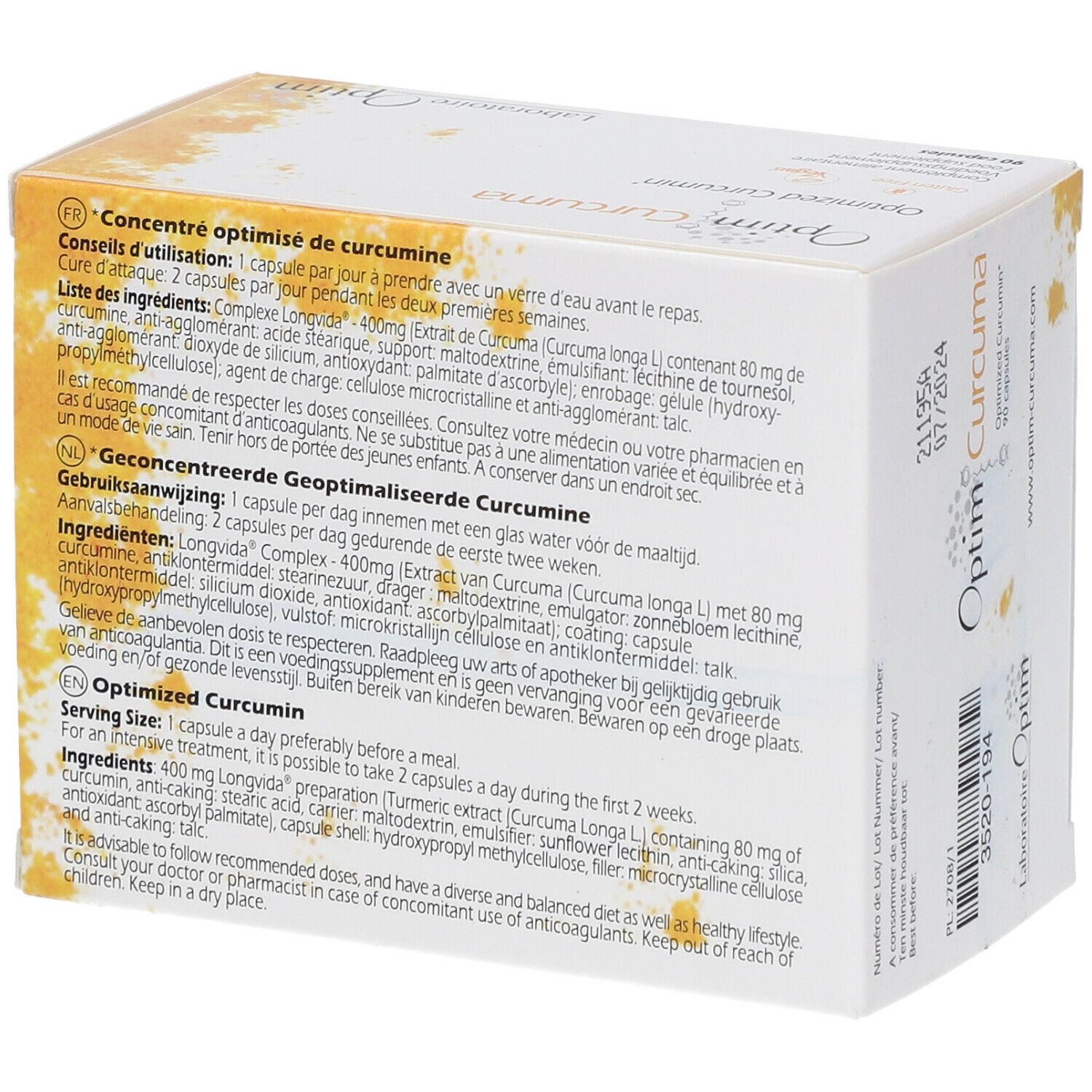 Dos de l'emballage "Optim Curcuma". Contient informations et ingrédients du produit.
