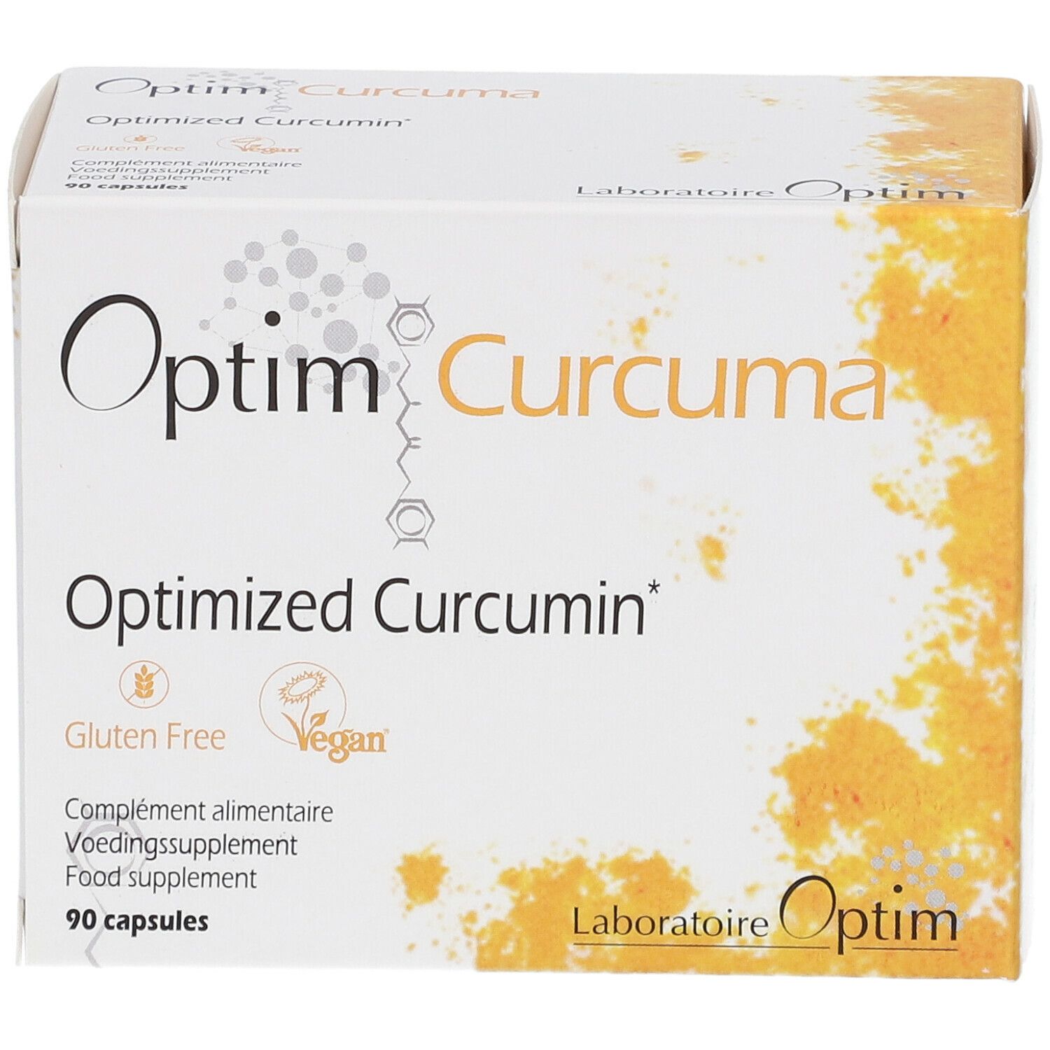 Boîte blanche "Optim Curcuma". Contient 90 gélules. Sans gluten et végétalien.