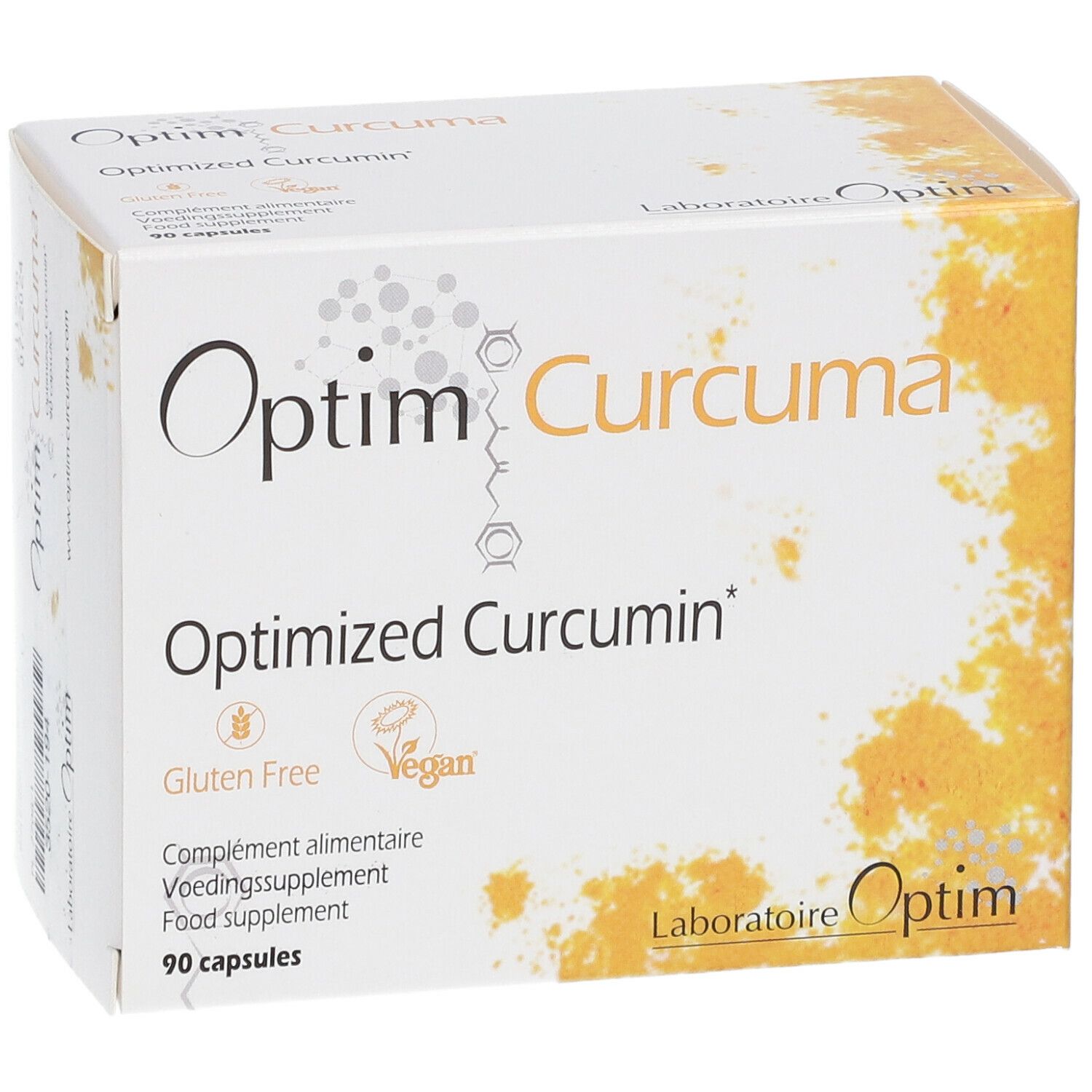 Boîte blanche "Optim Curcuma". Contient 90 gélules. Sans gluten et végétalien.