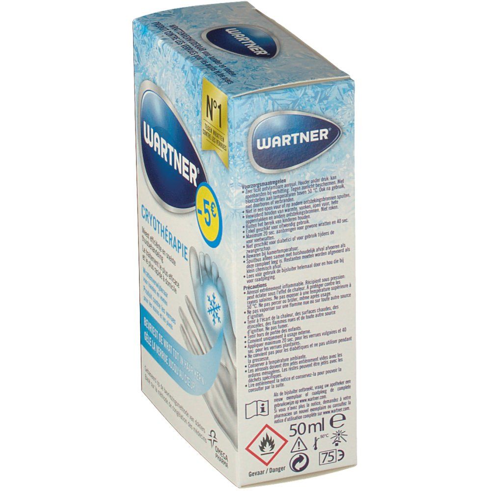 Emballage en carton WARTNER® CRYOTHÉRAPIE. Couleurs bleu et blanc. Nom du produit et logos visibles. Contient des avertissements et du texte.