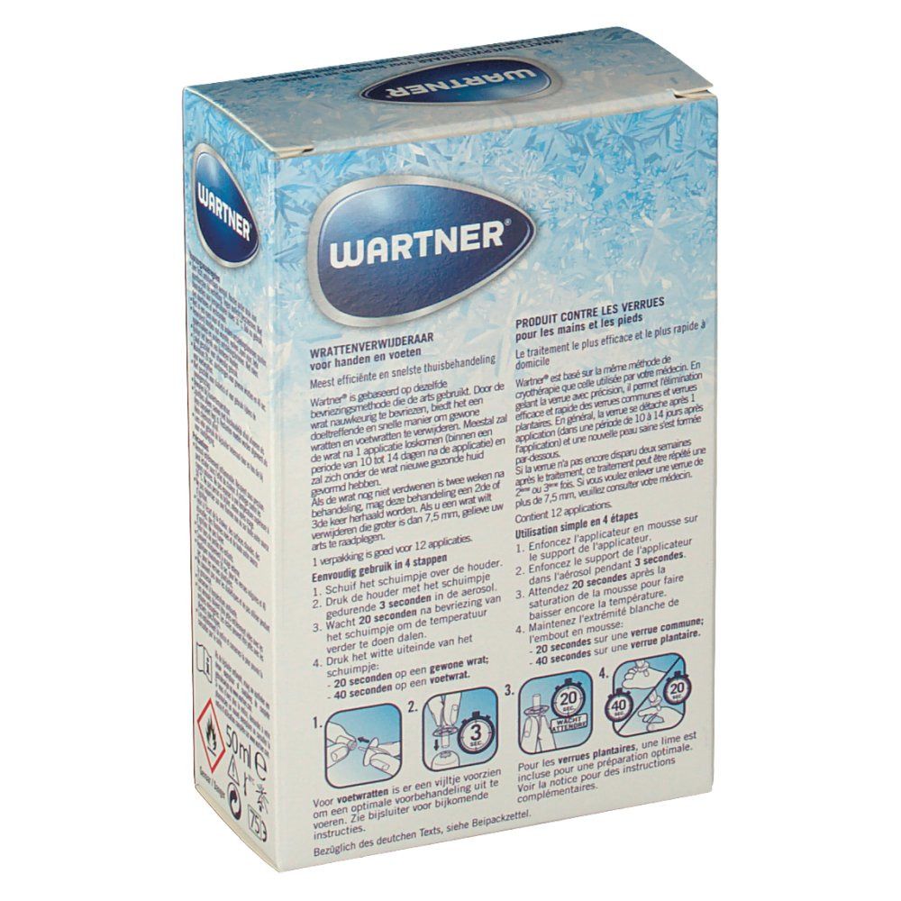 Dos de l'emballage WARTNER® CRYOTHÉRAPIE. Contient du texte multilingue, des instructions et des pictogrammes. Nom du produit et logos visibles.