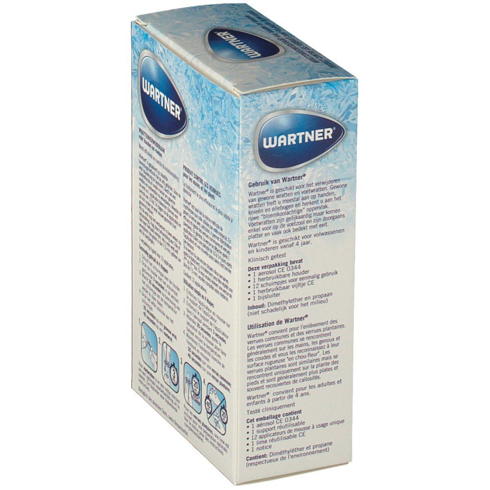 Vue latérale de l'emballage WARTNER® CRYOTHÉRAPIE. Contient du texte, des informations sur le produit et des logos. Couleurs bleu et blanc.