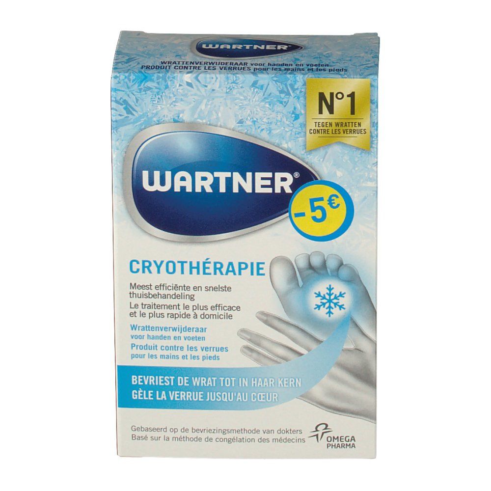 Face avant de l'emballage WARTNER® CRYOTHÉRAPIE. Nom du produit, logos et caractéristiques clairement visibles. Couleurs bleu et blanc.