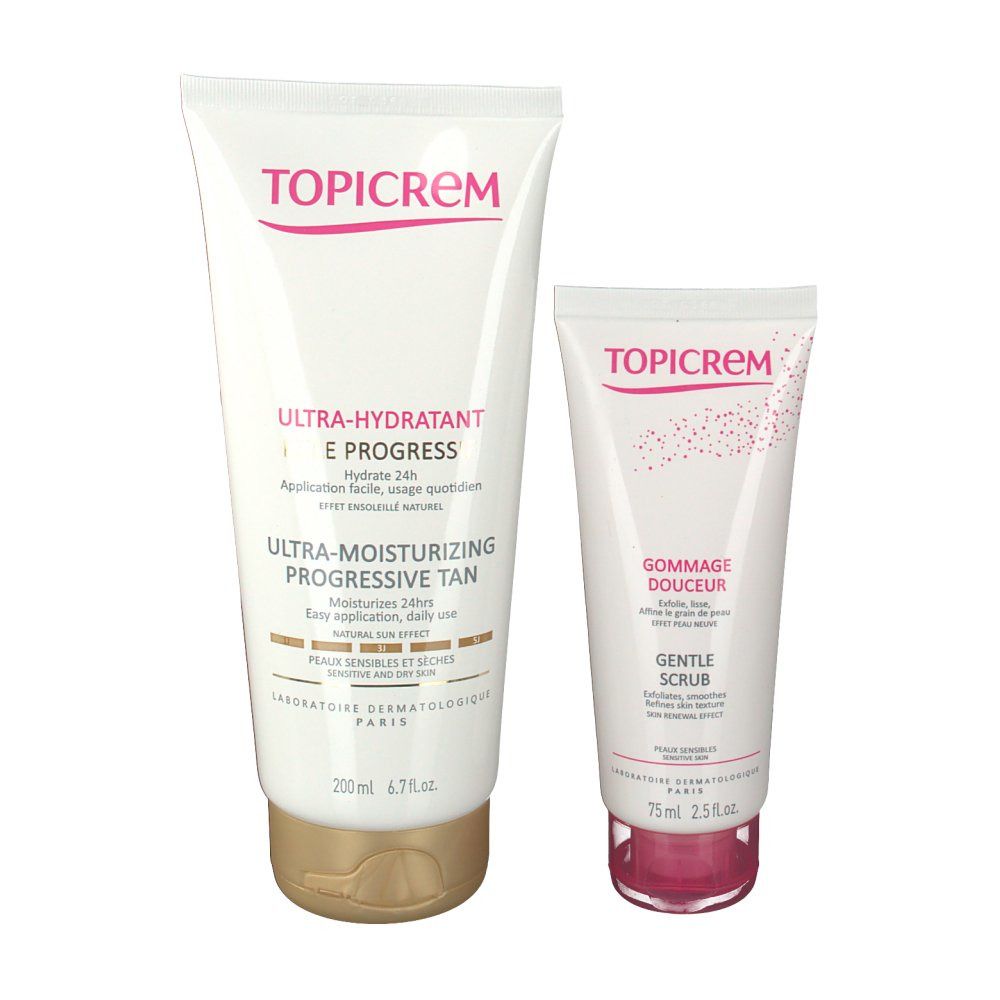 Twee Topicrem tubes. Een grote tube met gouden dop, de andere kleiner met roze dop. Tekst: Ultra-Hydratant E Progress.
