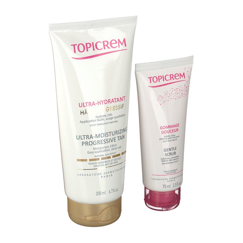 Twee Topicrem tubes. Een grote tube met gouden dop, de andere kleiner met roze dop. Tekst: Ultra-Hydratant HA.