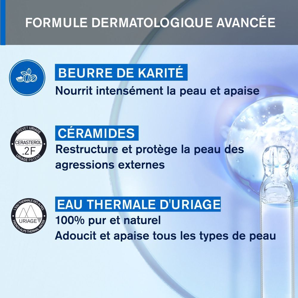 Uriage Xémose Syndet et un autre produit. Texte: 1. Cleans. 2. SOS anti-itch. 500ml et 200ml.