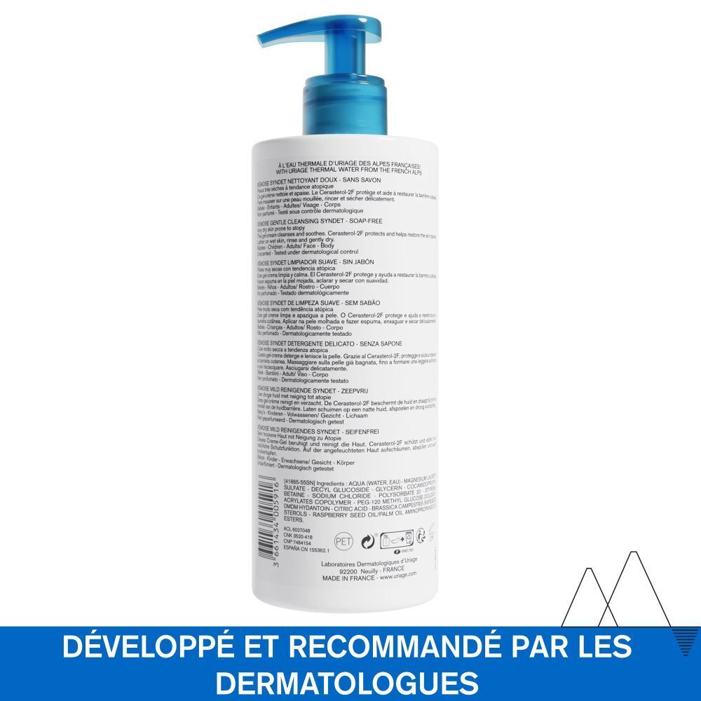 Uriage Xémose Syndet nettoyant avec pompe bleue. Flacon avec texte. 500ml, 17 fl.oz.