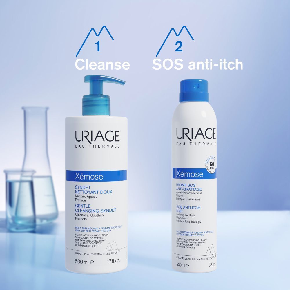 Uriage Xémose Syndet nettoyant avec pompe bleue. Flacon avec texte. 500ml, 17 fl.oz.