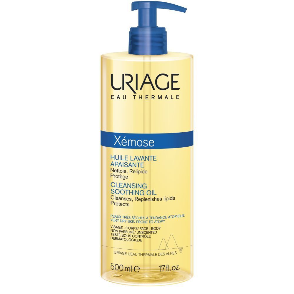 Uriage Xémose reinigingsolie. Gele fles met blauwe pomp. Tekst: Xémose, Cleansing Soothing Oil, 500ml.