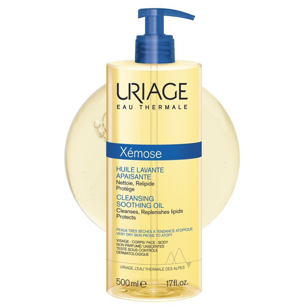 Uriage Xémose reinigingsolie. Gele fles met blauwe pomp. Tekst: Xémose, Cleansing Soothing Oil, 500ml.