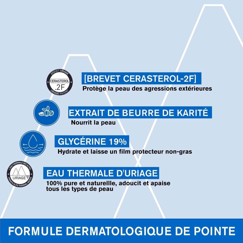 Flacon Uriage Xémose, huile lavante apaisante. Bouchon bleu. Texte: Cleansing Soothing Oil, 500ml.