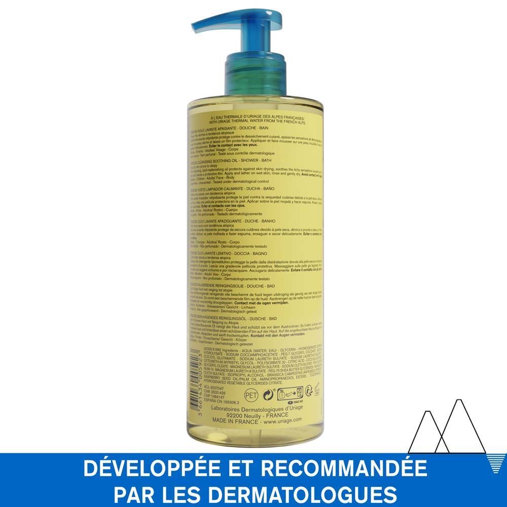 Flacon Uriage Xémose, huile lavante apaisante. Bouchon bleu. Texte: Cleansing Soothing Oil, 500ml.