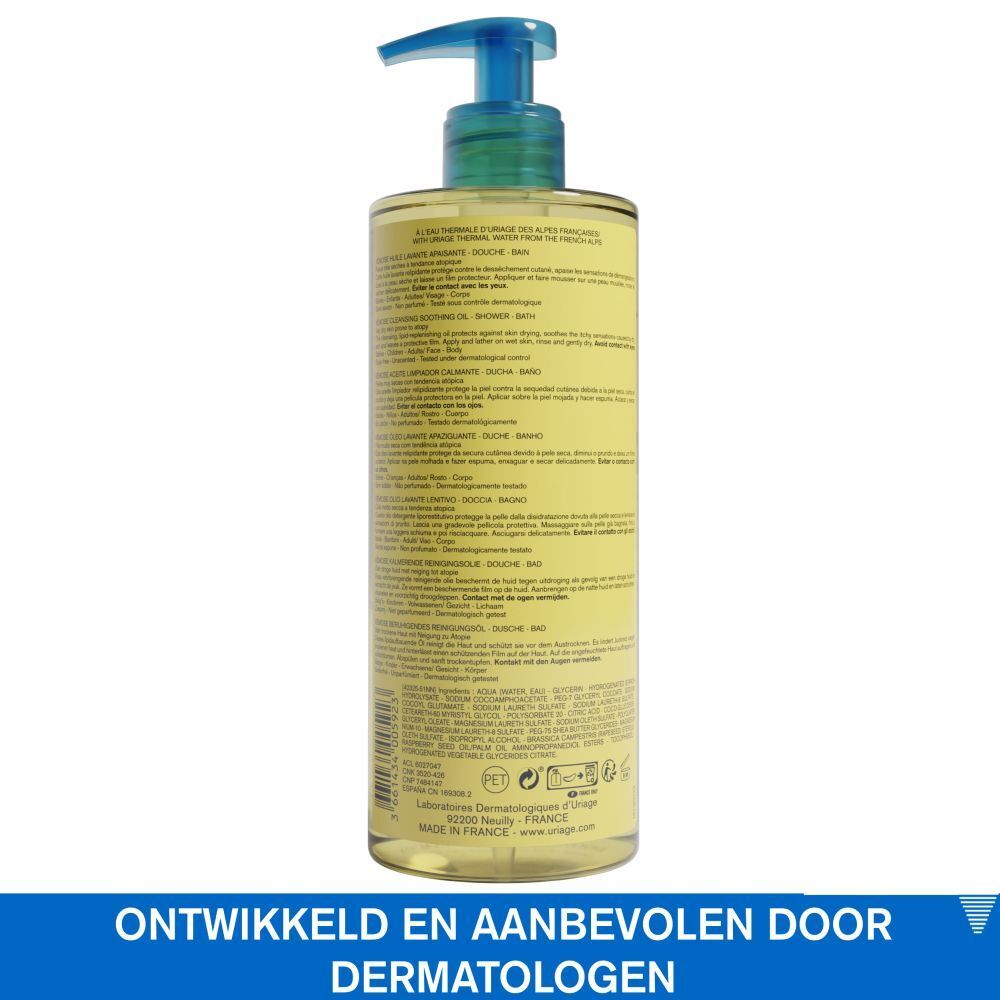 Uriage Xémose reinigingsolie. Gele fles met blauwe pomp. Tekst: Xémose, Cleansing Soothing Oil, 500ml.
