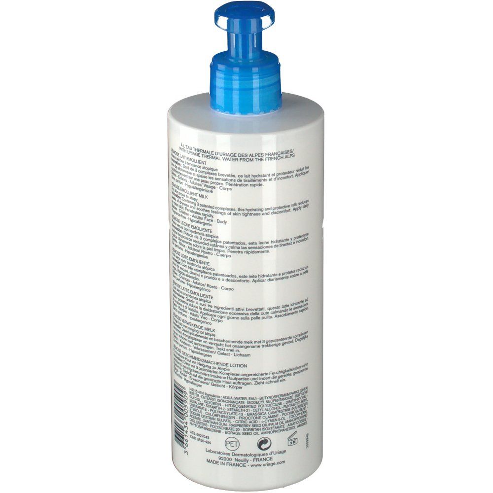 Weißer Flakon mit blauem Pumpkopf. Text auf Französisch. Rückseite mit Produktinformationen und Barcode.
