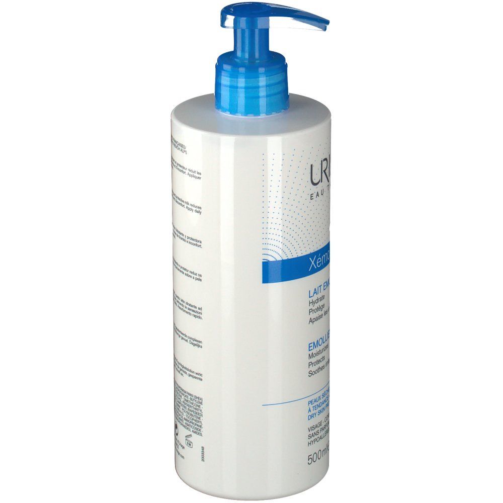 Weißer Flakon mit blauem Pumpkopf. Uriage-Logo und Xémose-Schriftzug. Französischer Text. 500ml.