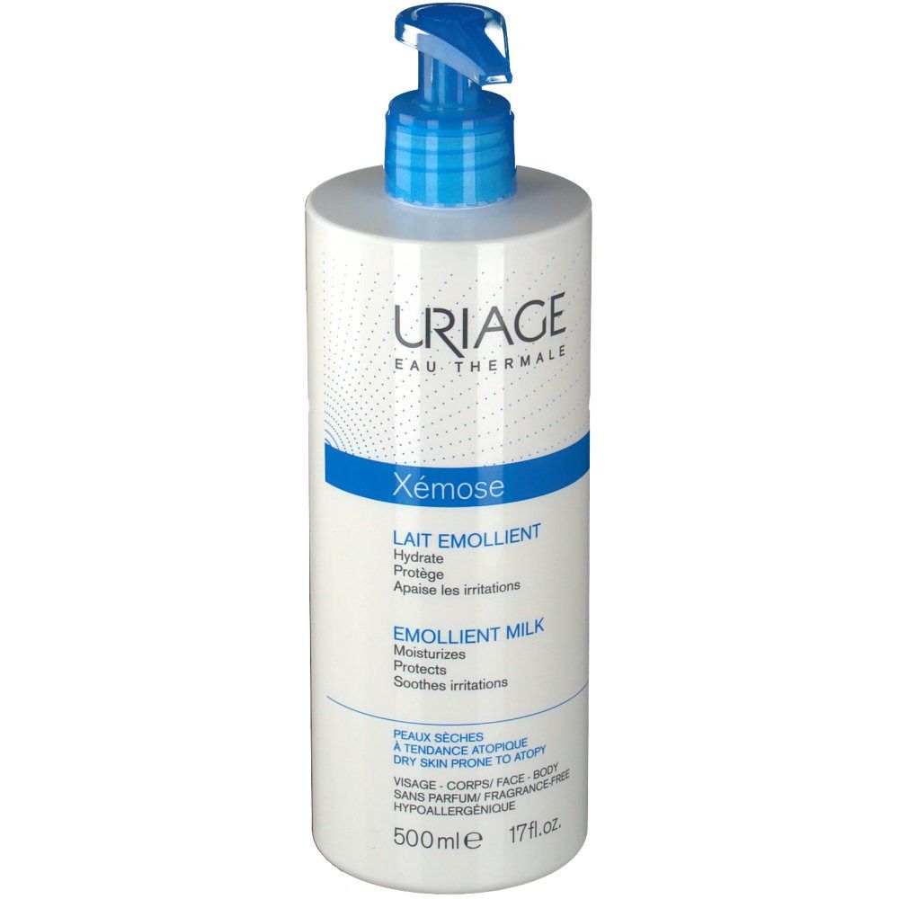 Weißer Flakon mit blauem Pumpkopf. Uriage-Logo und Xémose-Schriftzug. Französischer Text. 500ml, 17 fl.oz.