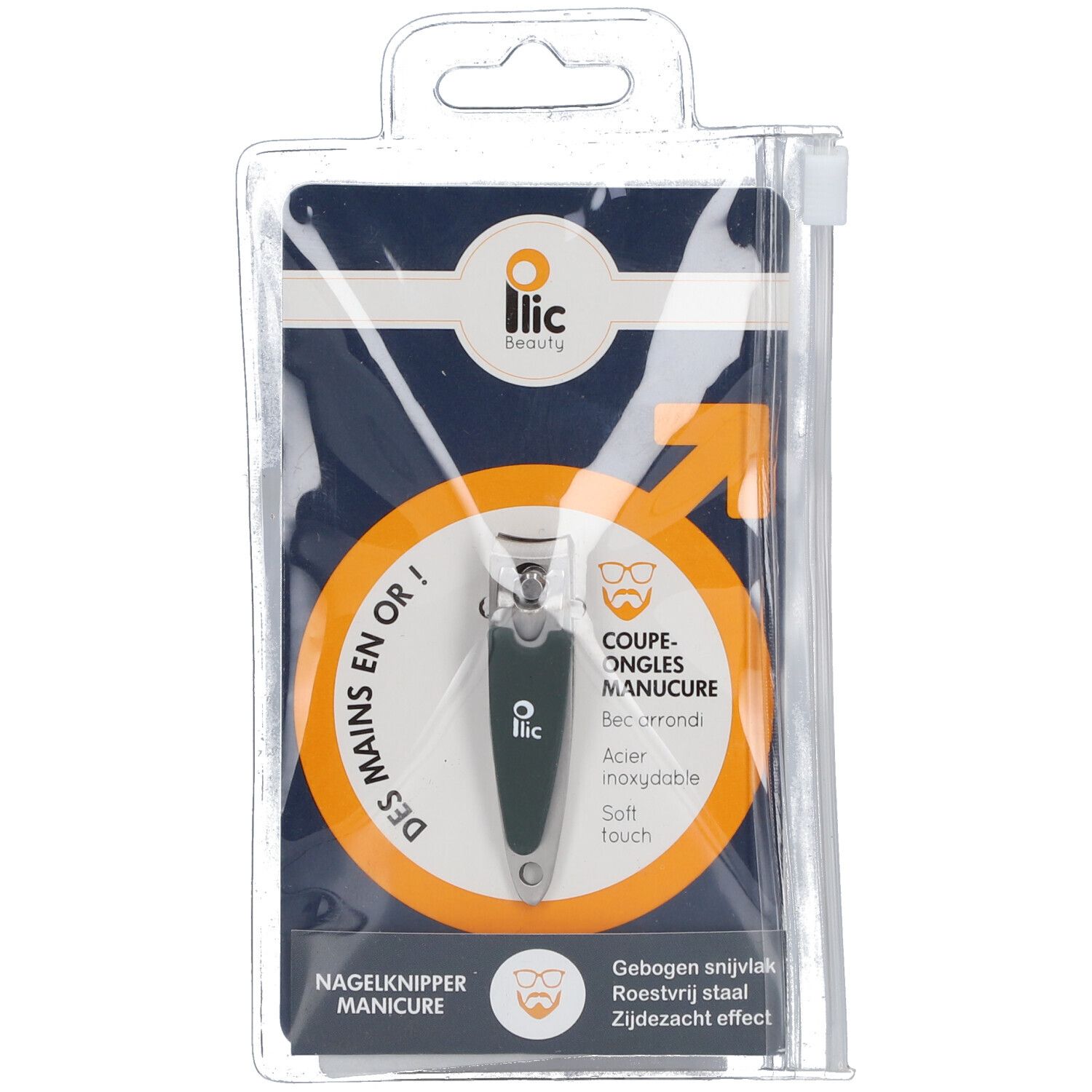 Nagelknipper in verpakking. Groen-zilveren gereedschap met logo. Opschrift: "PLIC Beauty".
