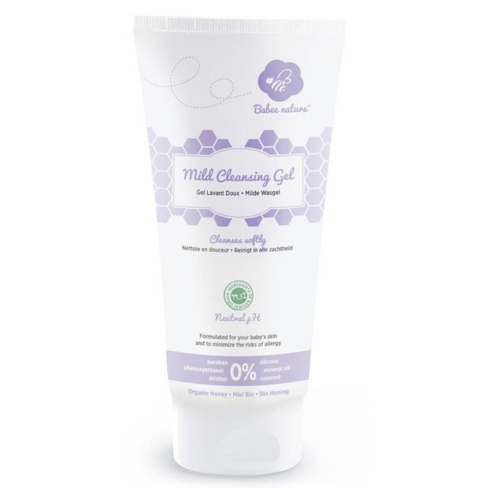 Tube blanche et violette. Inscription: Babee nature, Mild Cleansing Gel. Contient 0% alcool, huile minérale, silicone et PEG. pH neutre.