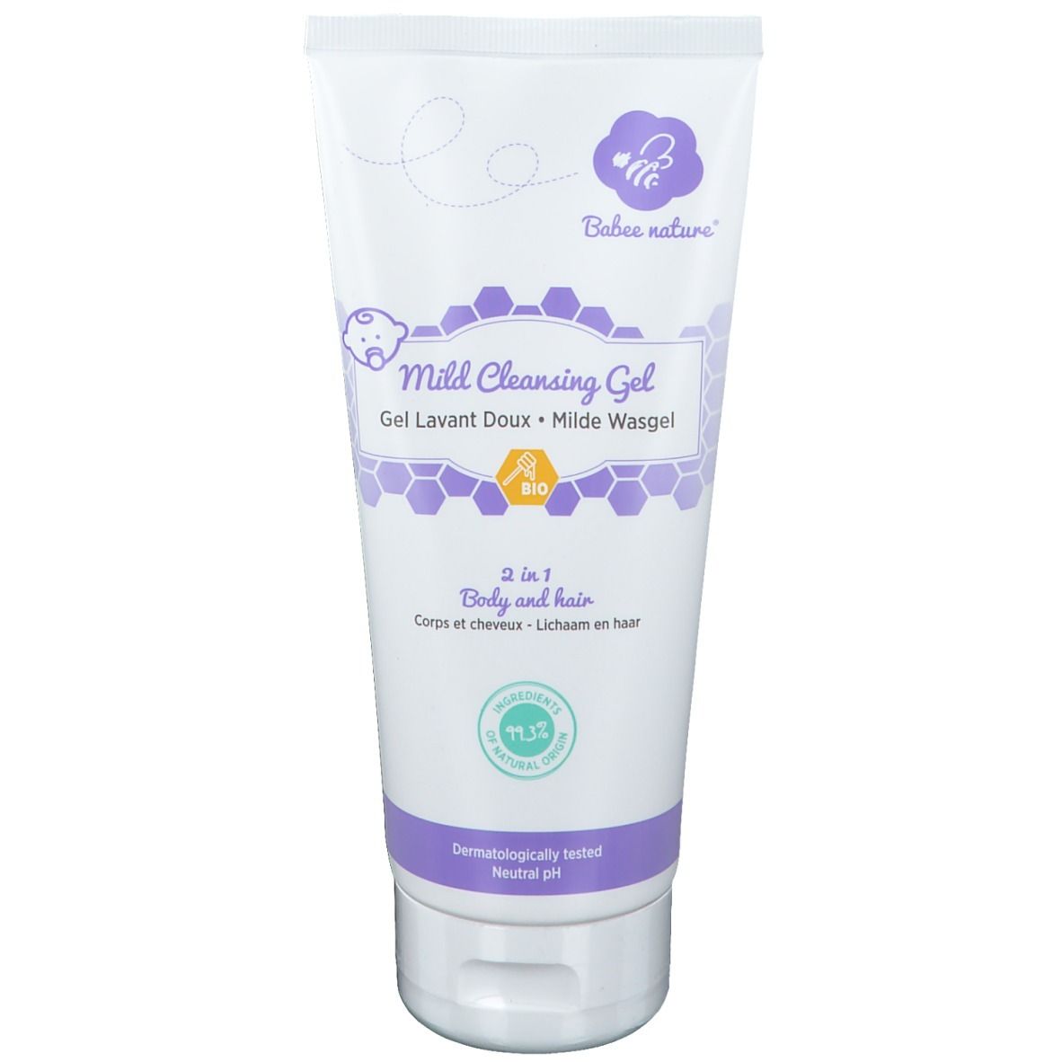 Tube blanc et violet. Inscription: Babee nature, Mild Cleansing Gel, 2 en 1 Body and hair. Testé dermatologiquement. pH neutre.