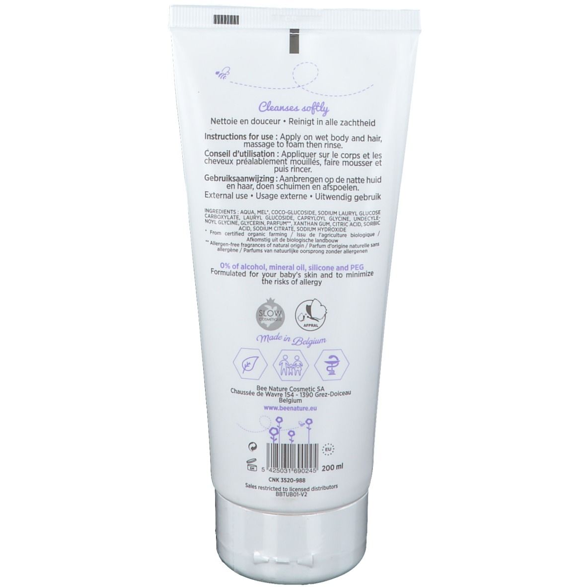 Dos d'un tube blanc. Inscription: Cleanses softly. Ingrédients. 0% alcool, huile minérale, silicone et PEG. 200 ml.