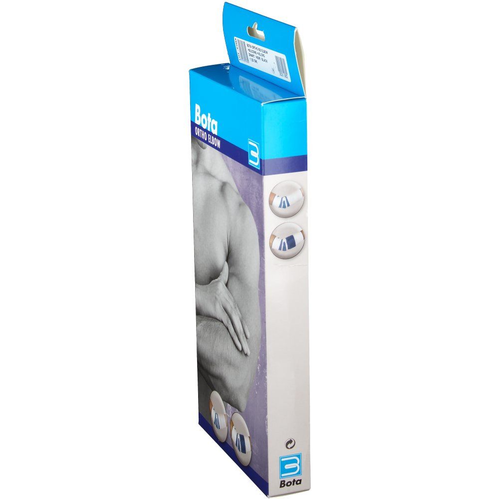 Seitenansicht der Bota ORTHO ELBOW Verpackung. Blau-weiß. Produktabbildung. Größe 1 (20 cm).