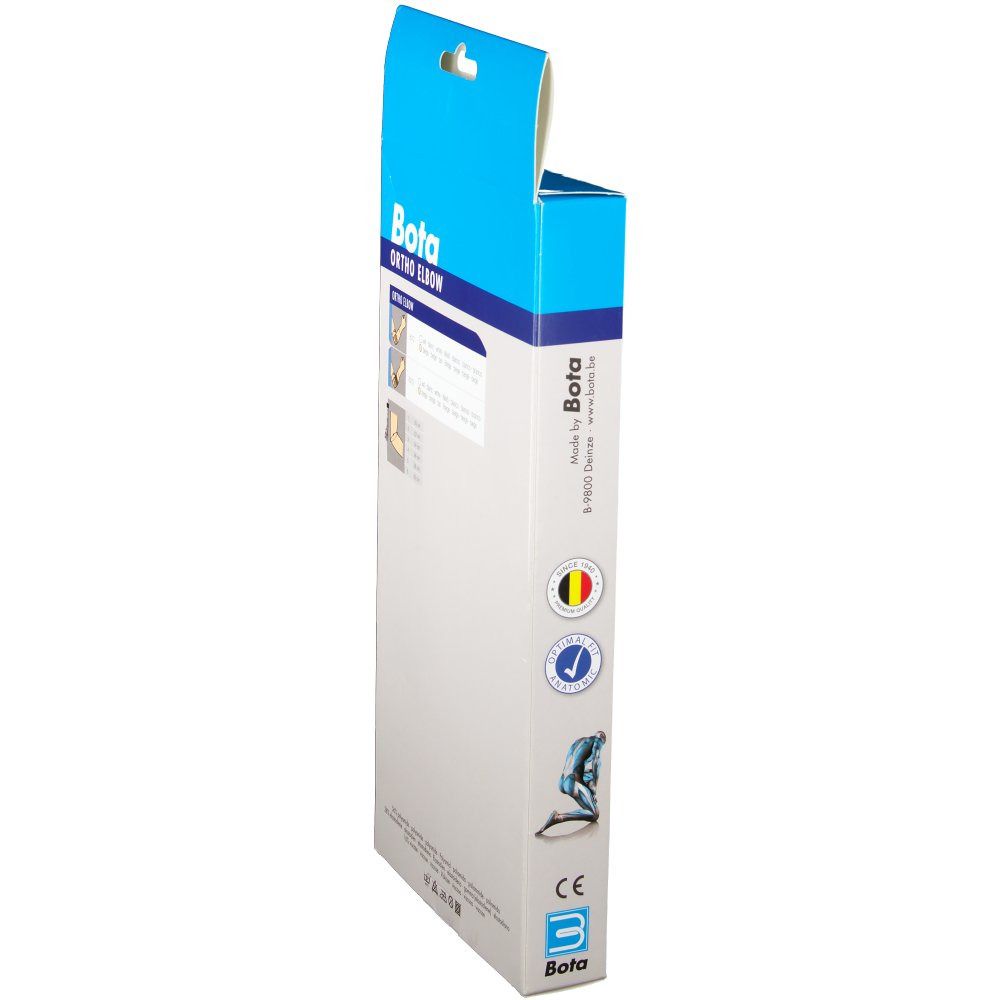 Bota ORTHO ELBOW Verpackung. Blau-weiß. Logo und Zertifizierungen. Größe 1 (20 cm).