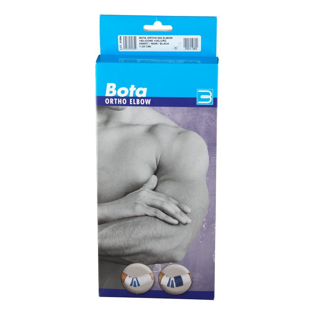 Bota ORTHO ELBOW Verpackung. Blau-weiß. Abbildung eines Arms. Produktabbildung. Größe 1 (20 cm).