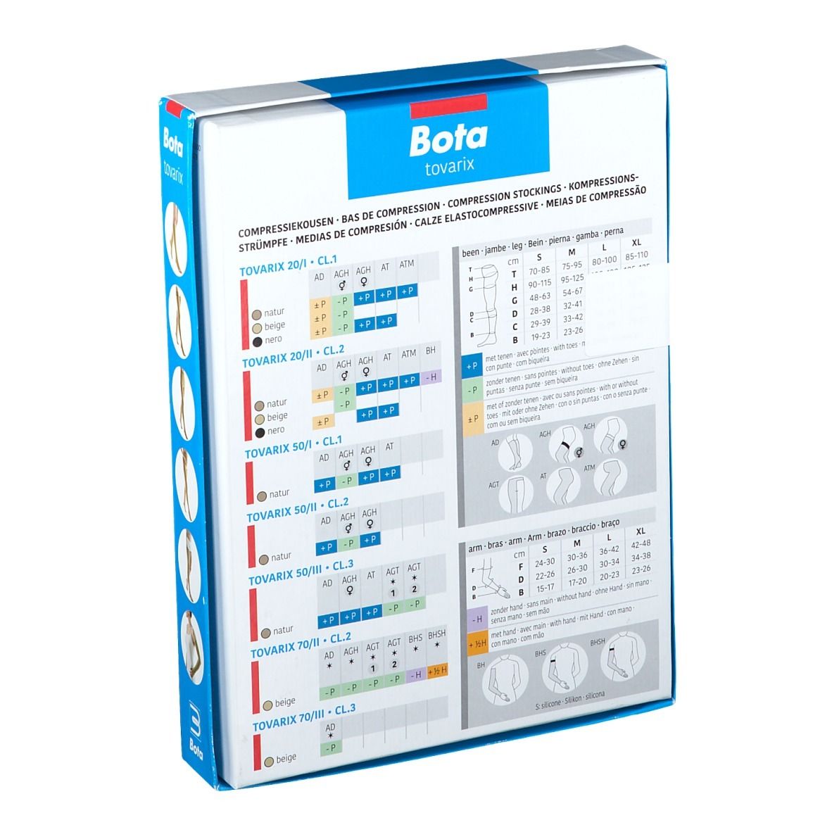 Dos de l'emballage Bota Tovarix. Informations sur les bas de compression et tableau des tailles.